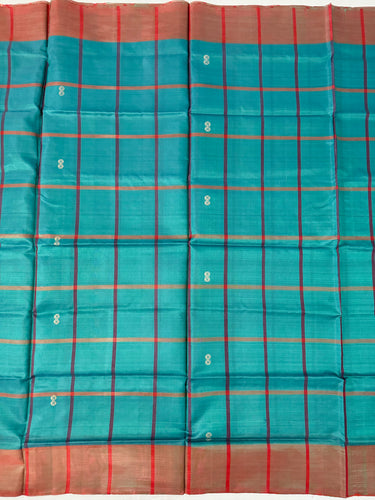 Vegan Silk Saree | No Zari | No Blouse | Handwoven | Sky Blue Green & Red | Ships from California